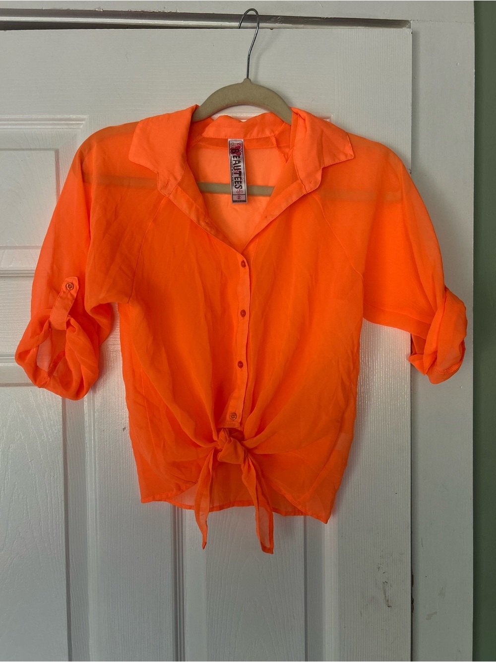 Beautees Neon Orange Sheer Chiffon Tie Front Blouse Top Small